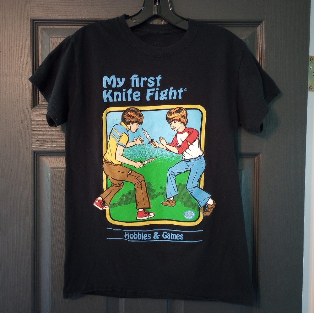Steven Rhodes my first knife fight baby doll funny graphic t shirt hobbies games